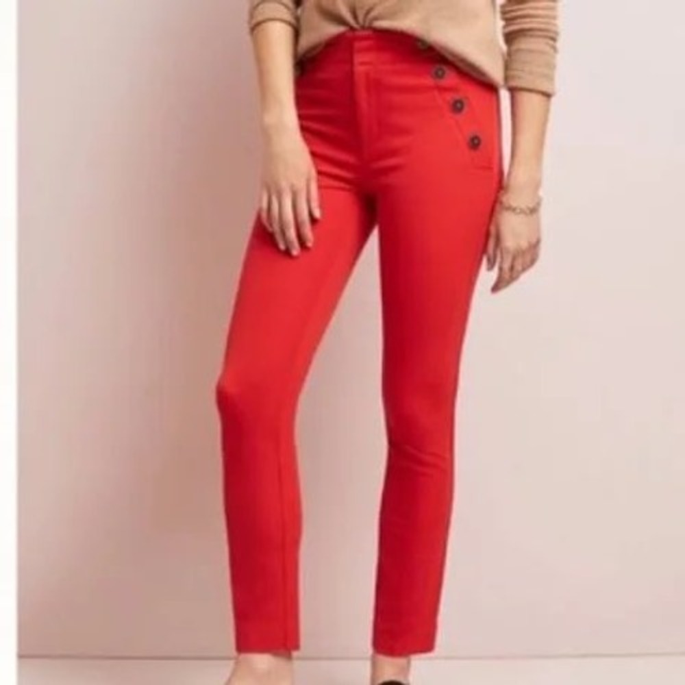 Anthropologie The Essential Slim Sailor Pants Red High Rise Button Front Size 8